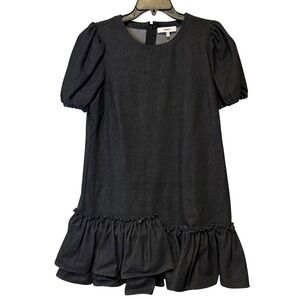 Likely Black Denim Puff Sleeve Ruffle Hem Dress Women's Size 10 Babydoll